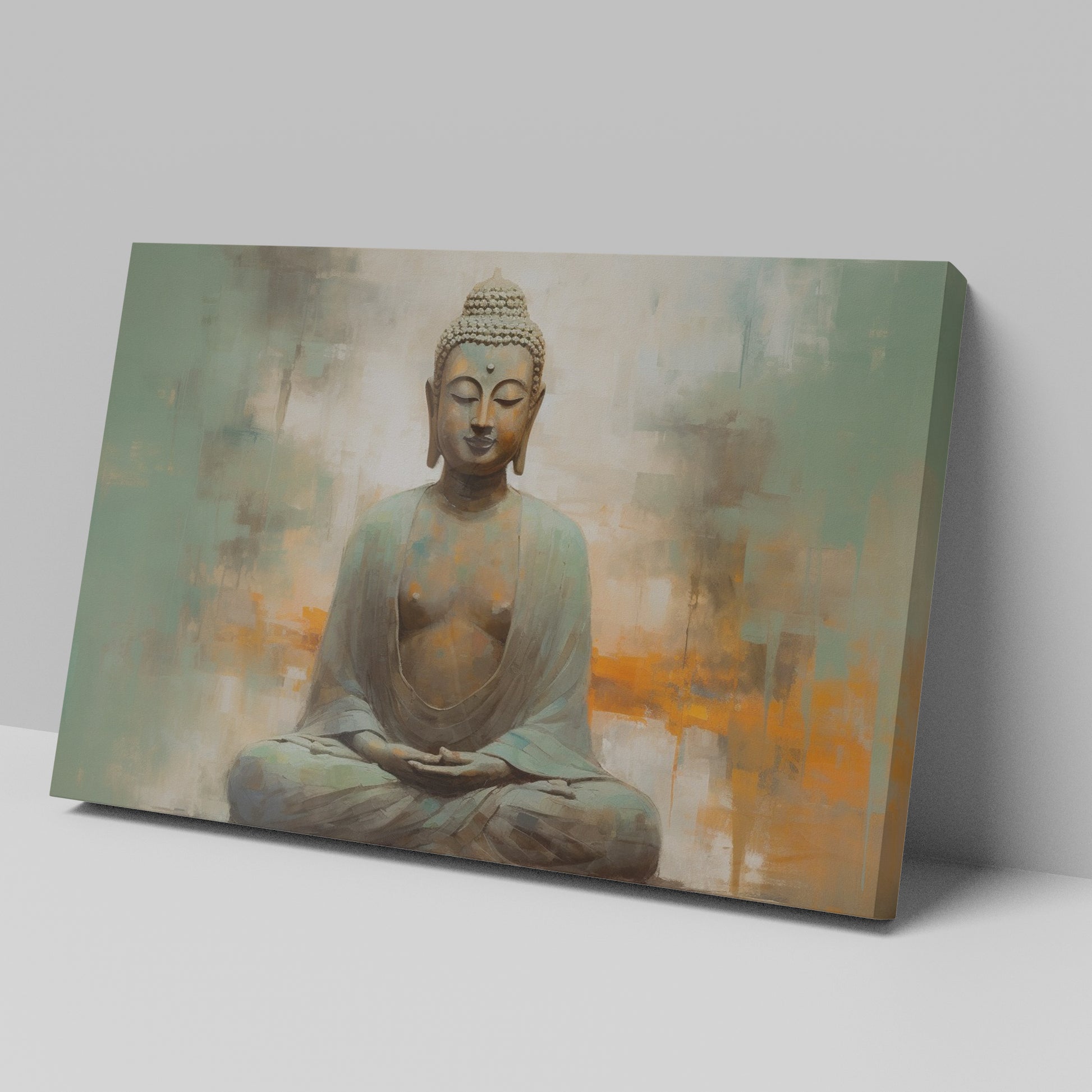 Framed canvas print of serene Buddha in meditation with abstract earthy background