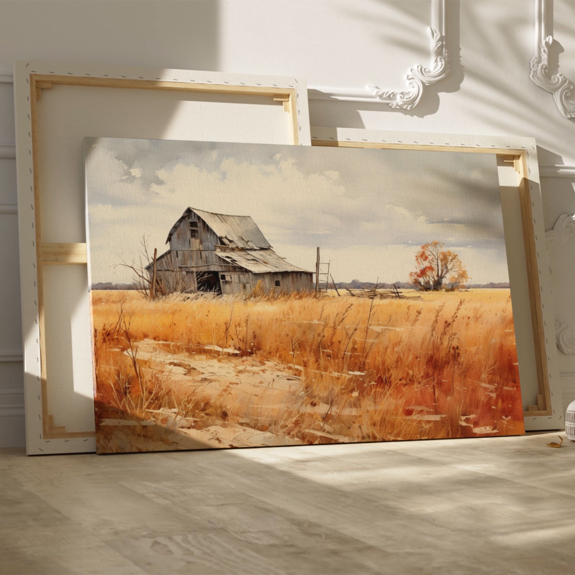 Framed canvas print of an old barn in a golden autumn rural landscape