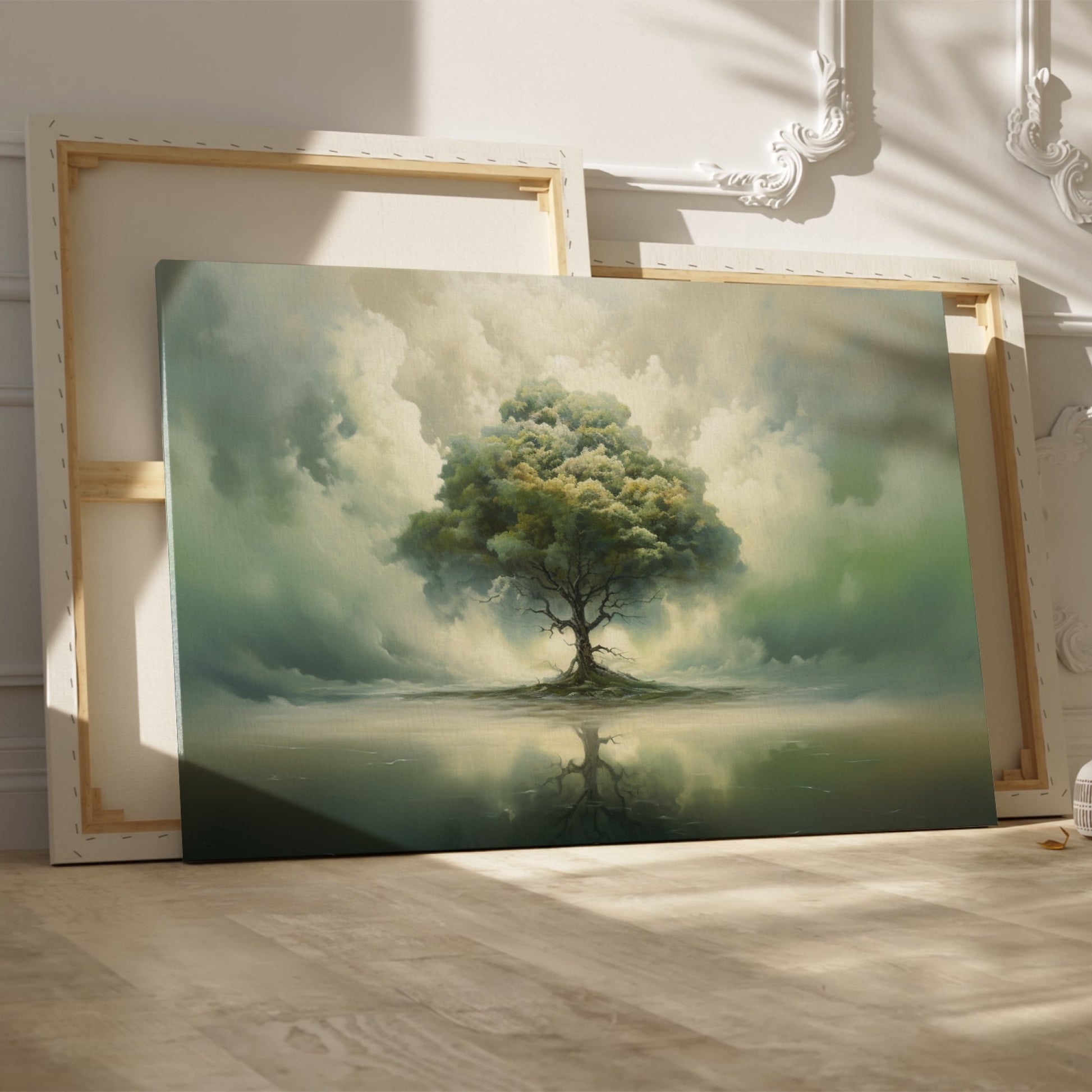 Framed canvas print of a serene landscape with a solitary tree and its reflection amidst ethereal clouds