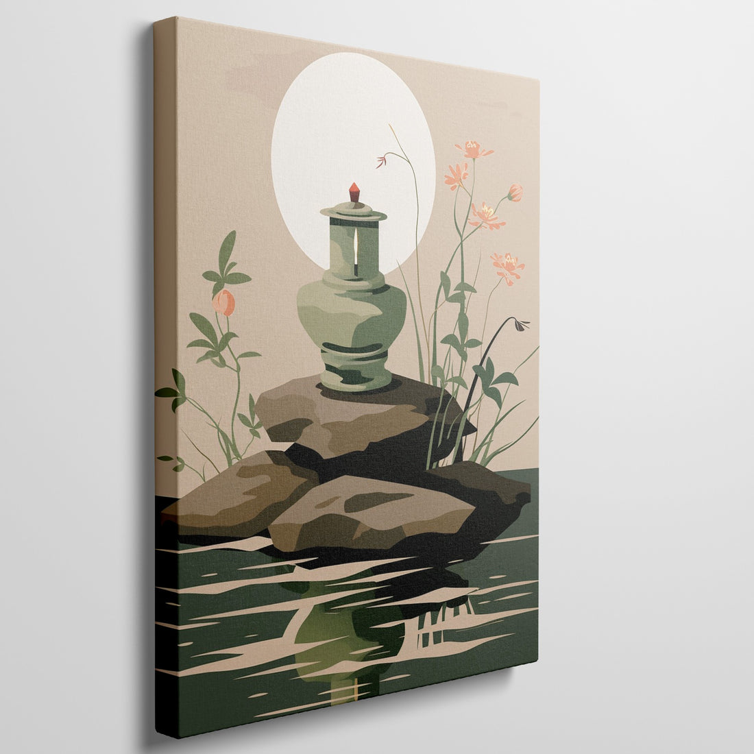 Vintage green lantern on brown rocks with orange flowers and green foliage, reflecting onto serene green water against a beige background with a white moon.