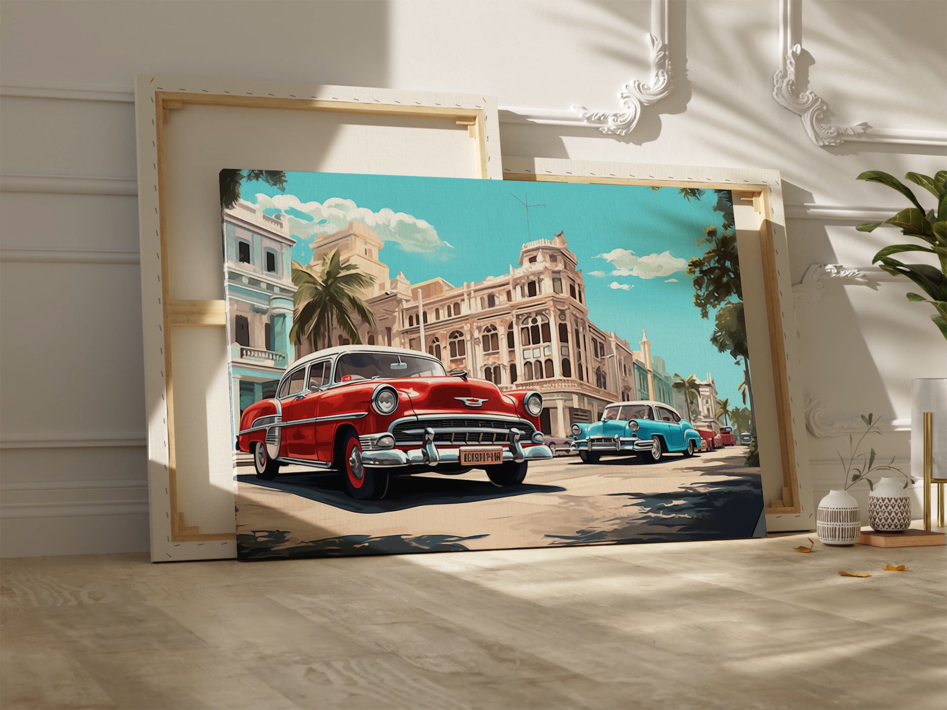 Framed canvas print of vintage cars and historic urban street scene in vibrant colours