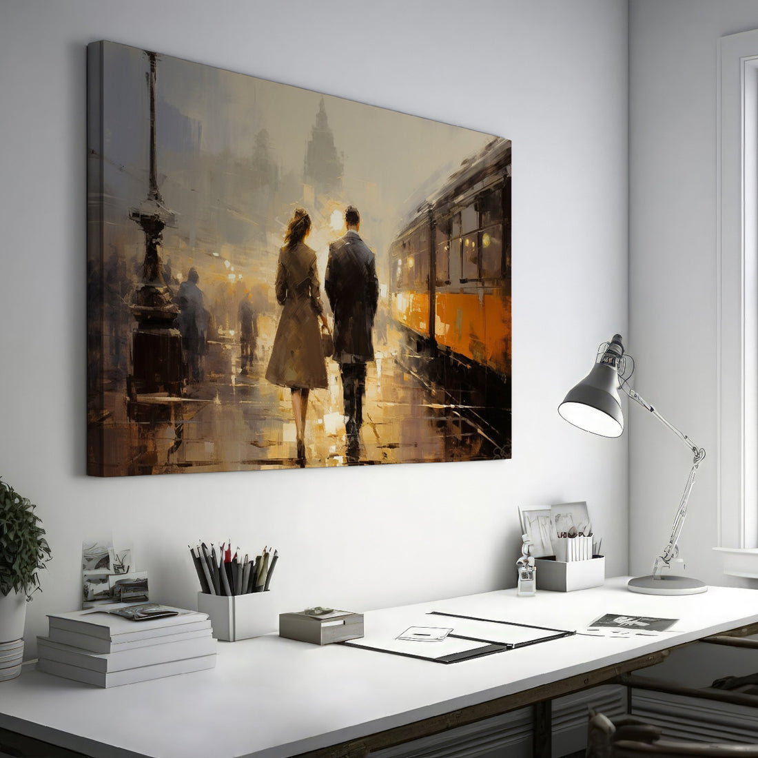 Framed canvas print of a couple's evening city walk with reflections and warm light tones