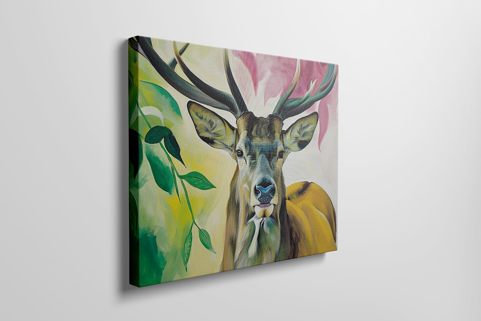 Framed canvas print of a colourful, modern artistic depiction of a stag with vibrant hues.