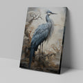 Framed canvas print of a heron standing in a mystical foggy landscape with autumnal trees