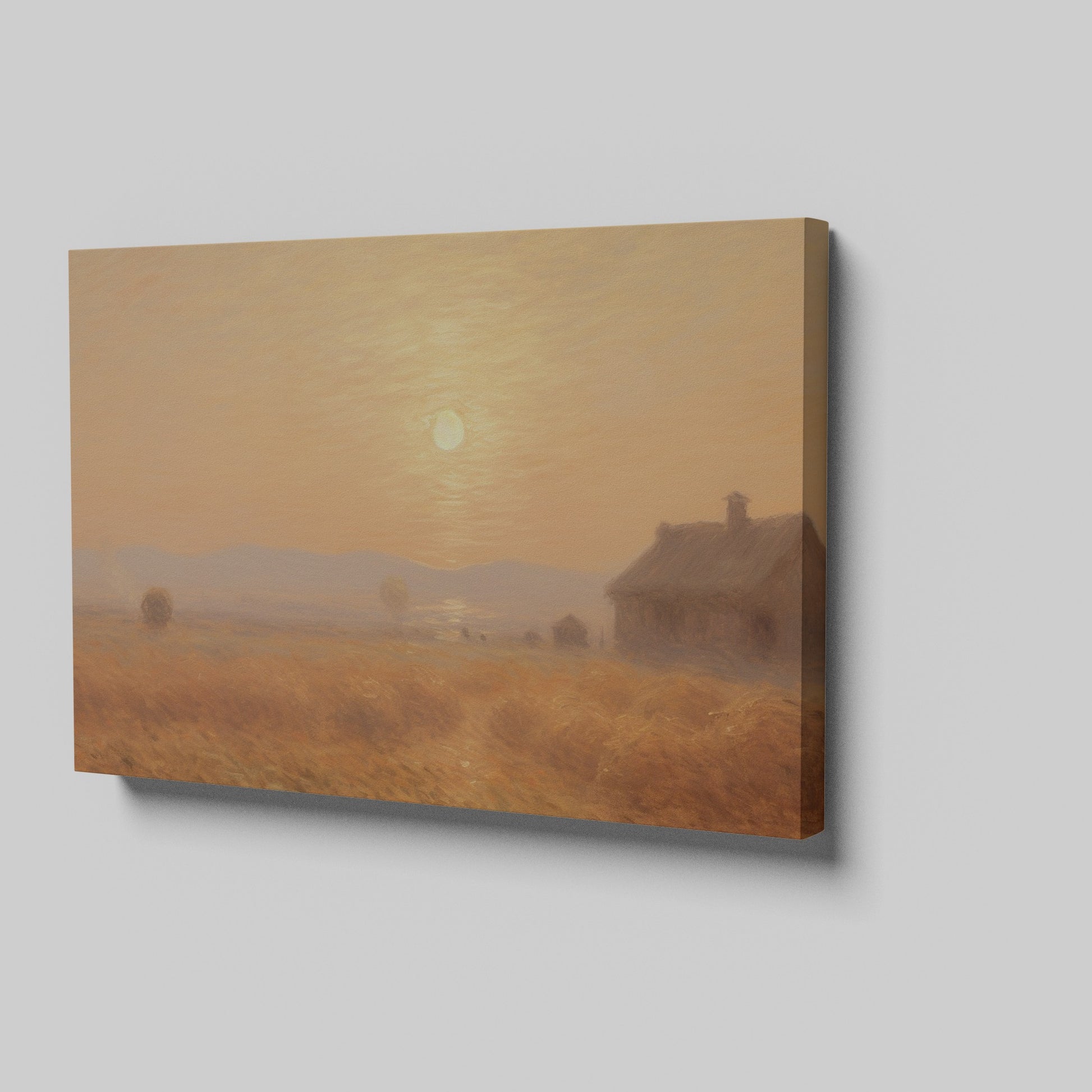 Framed canvas print of a misty, Impressionist-style sunset over a rustic countryside landscape with warm tones