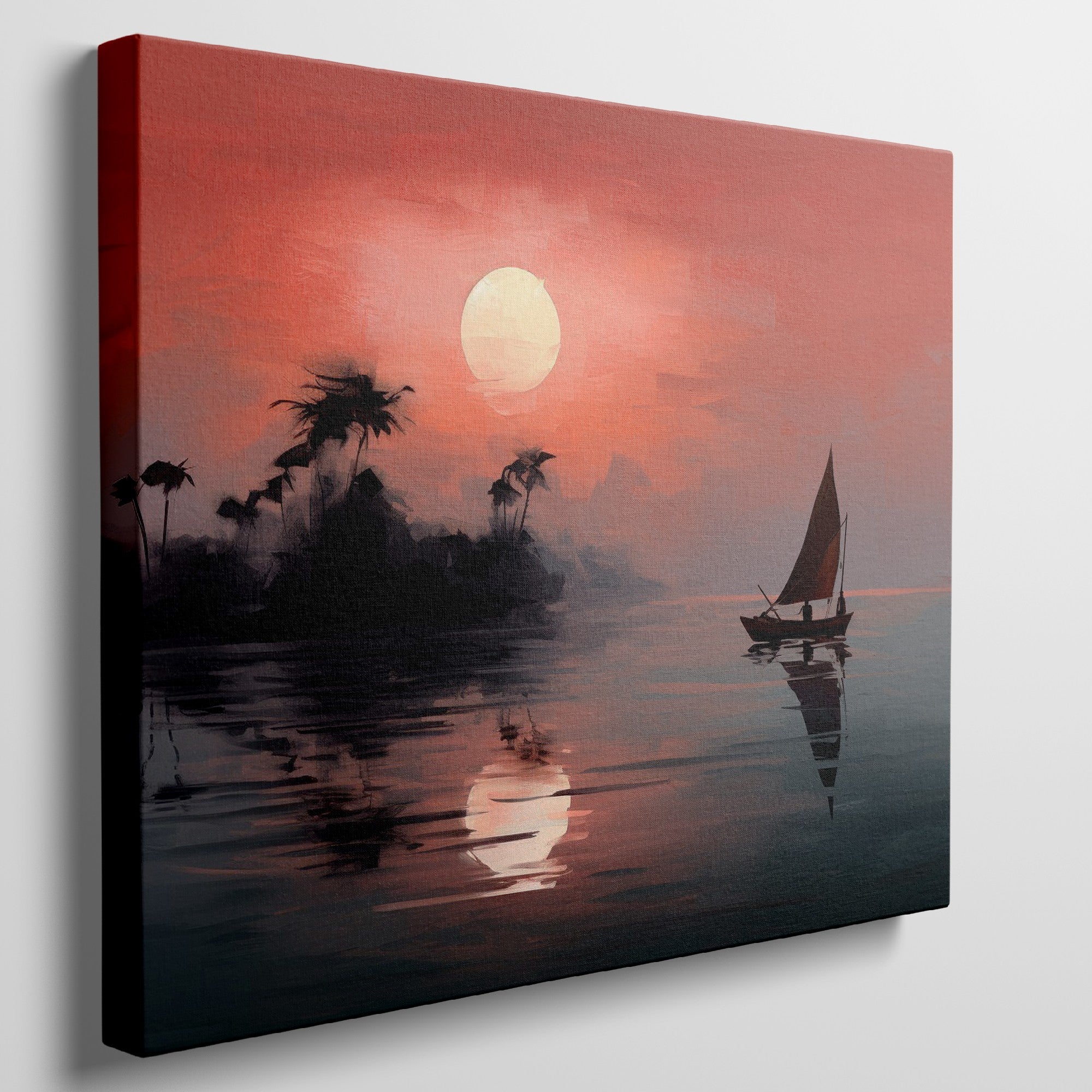 Framed canvas print of a tropical sunset with silhouette of sailboat and palm trees reflection on the water