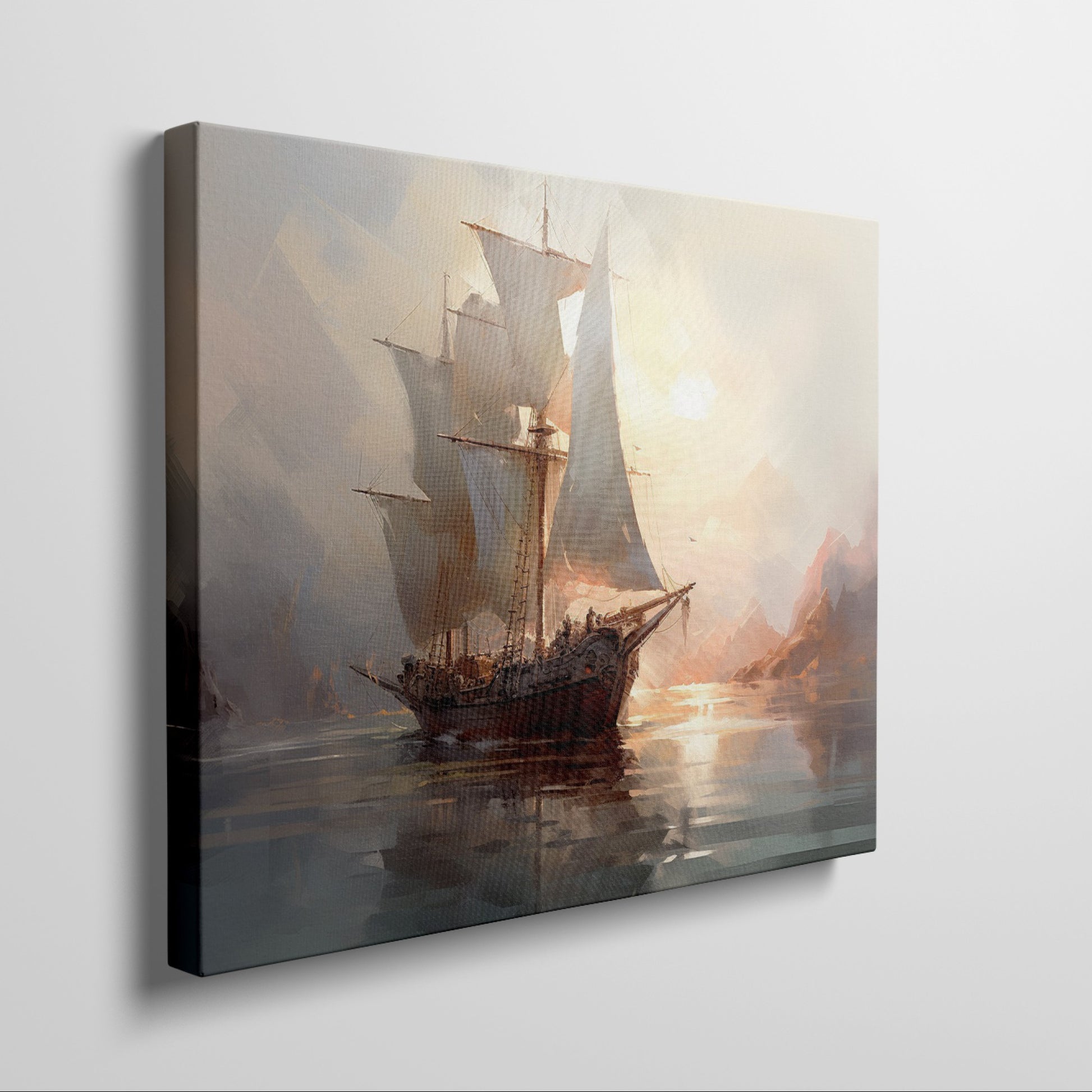 Framed canvas print of a historic sailboat sailing at sunset with golden light reflecting on the water