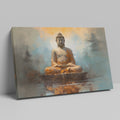 Framed canvas print of serene Buddha statue with abstract warm hues and reflective water