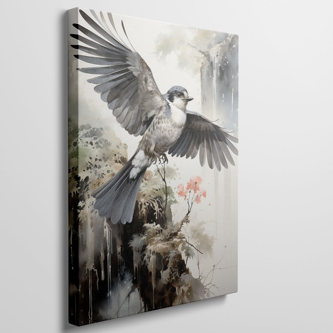 Framed canvas print of a majestic bird in flight with Asian inspired watercolour background