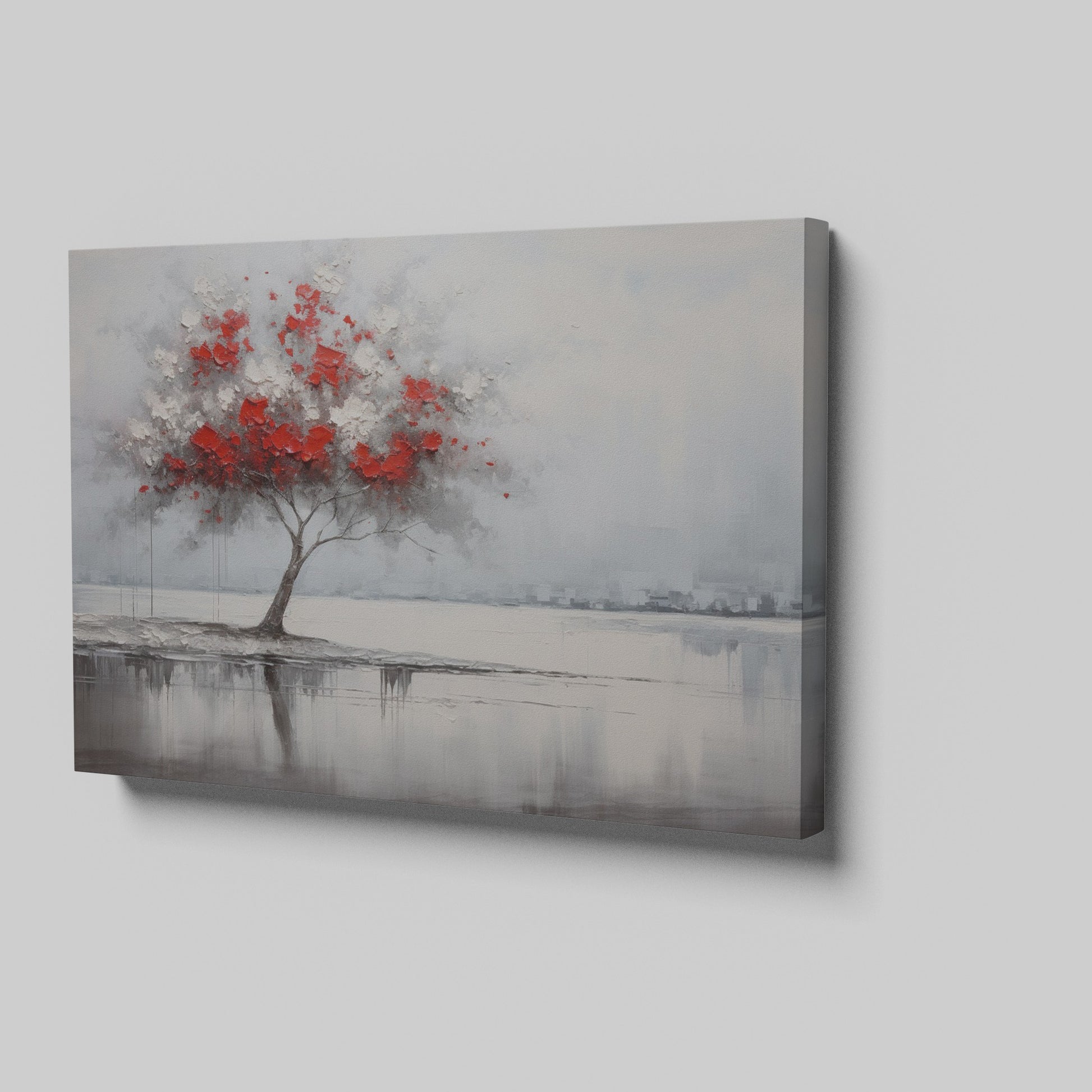 Abstract painting of a lone tree with red and white leaves reflected in water against a grey backdrop