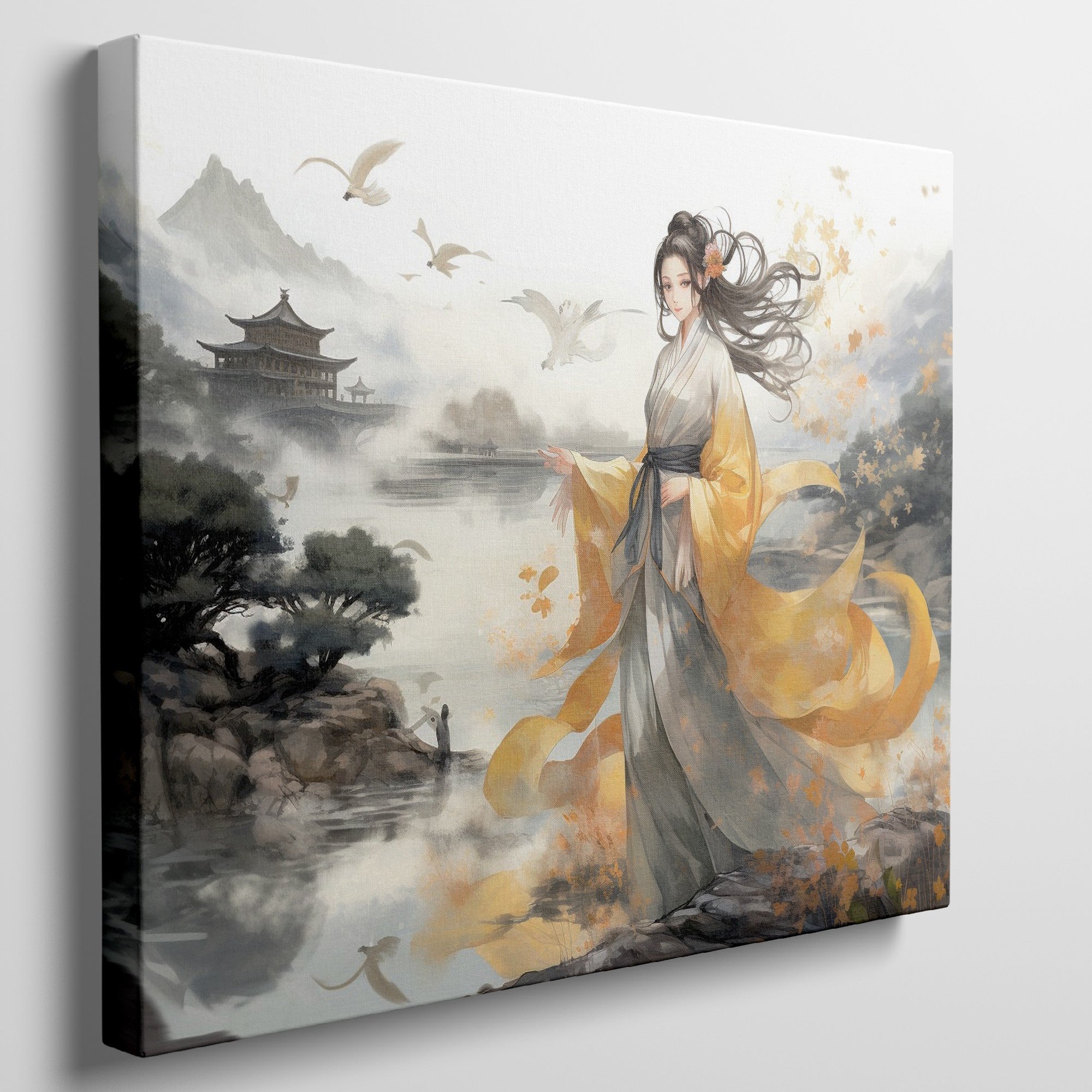 Framed canvas print of an elegant woman in traditional Oriental clothing with a landscape