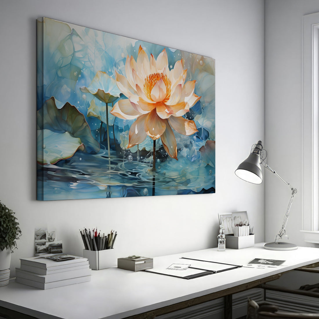 Framed canvas print of a blooming lotus flower with lush blue and orange hues