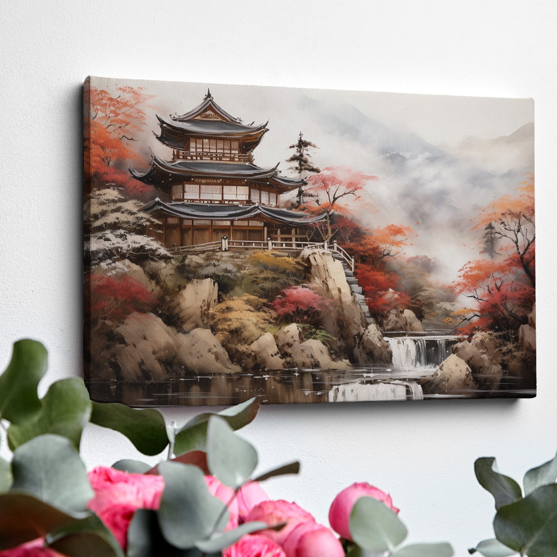 Digital painting of a traditional Japanese temple in autumn with vibrant red maple trees and cascading waterfall