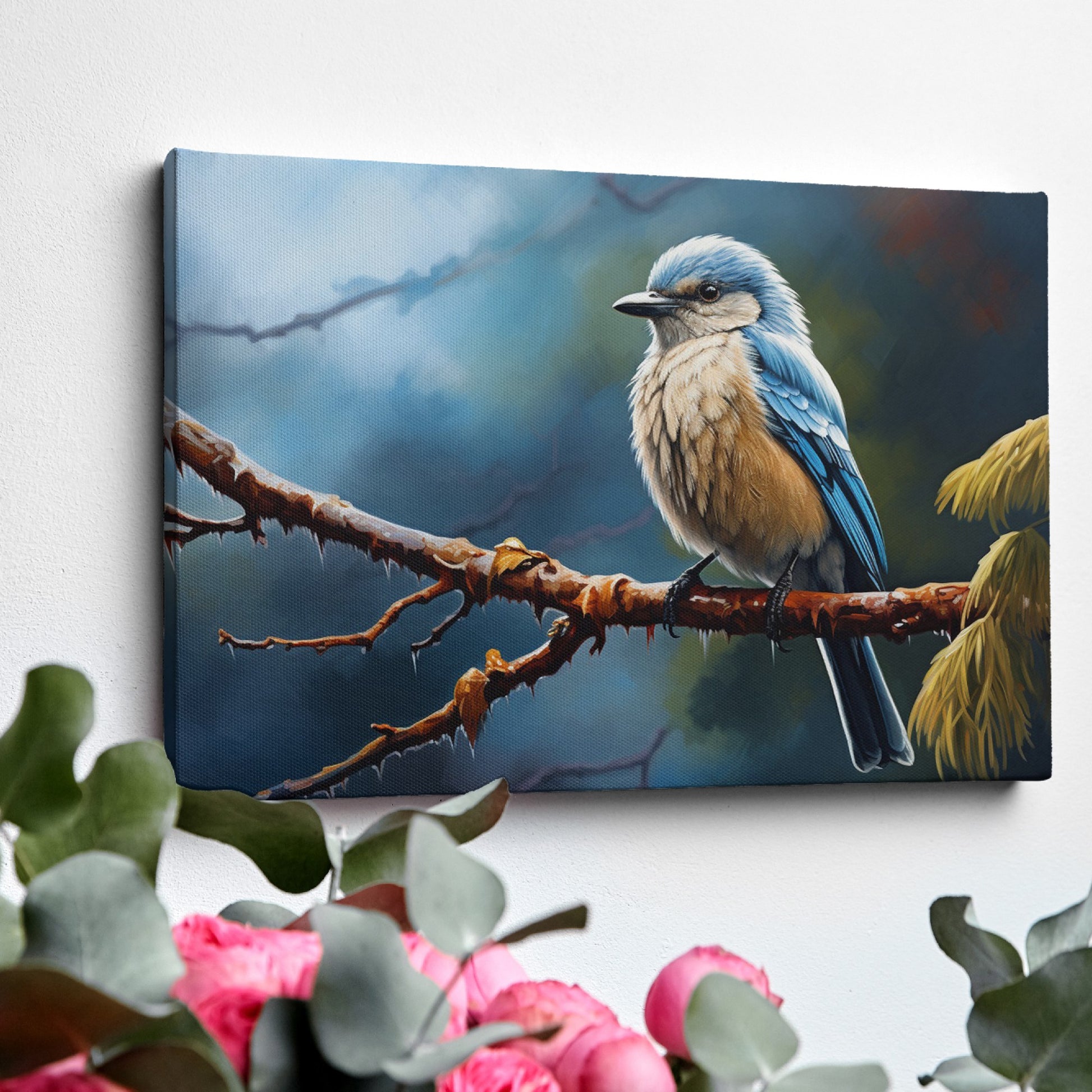 Framed canvas print of a realistic blue jay perched on a branch with intricate detail and vibrant colours