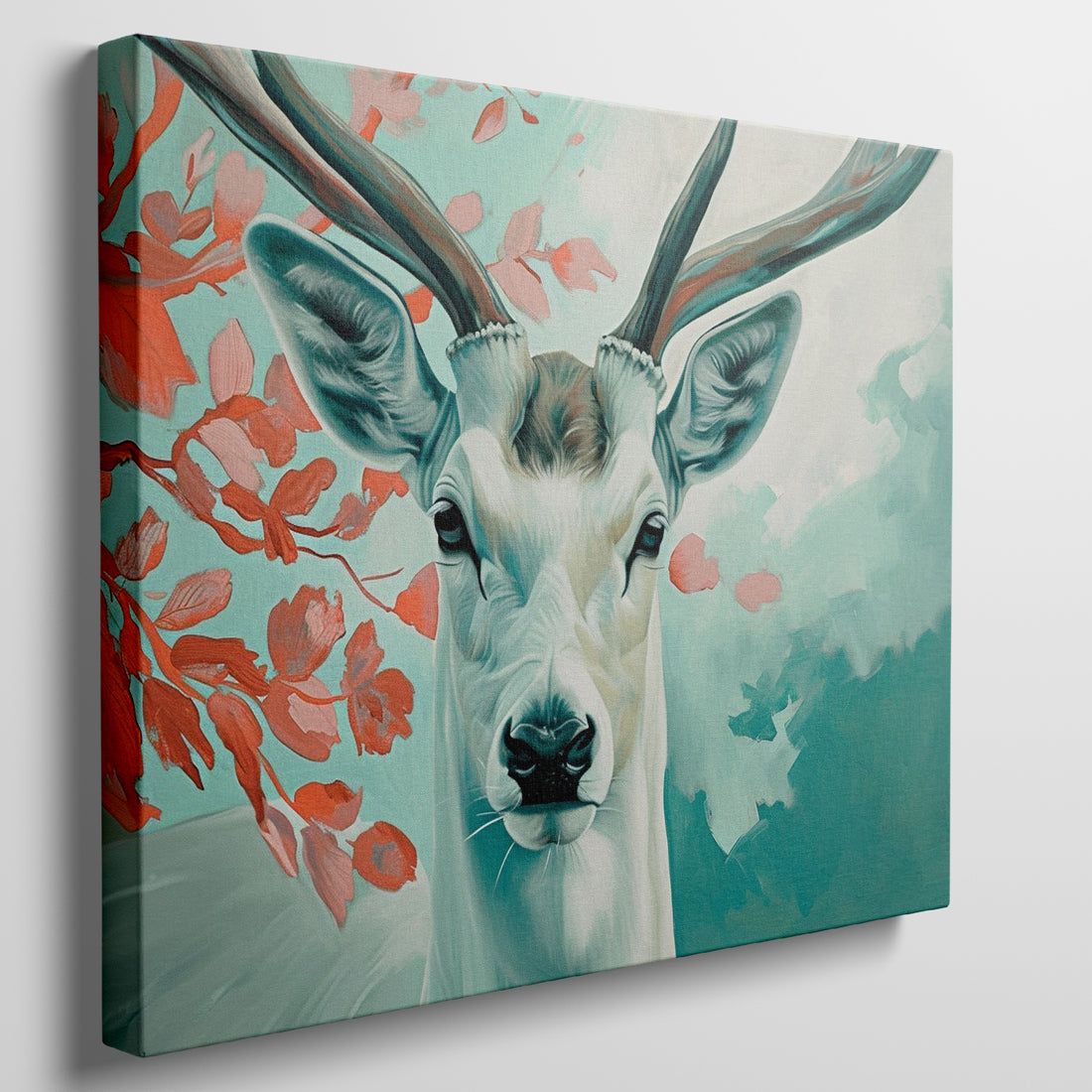 Framed canvas print of a serene stag with vibrant blue and red tones