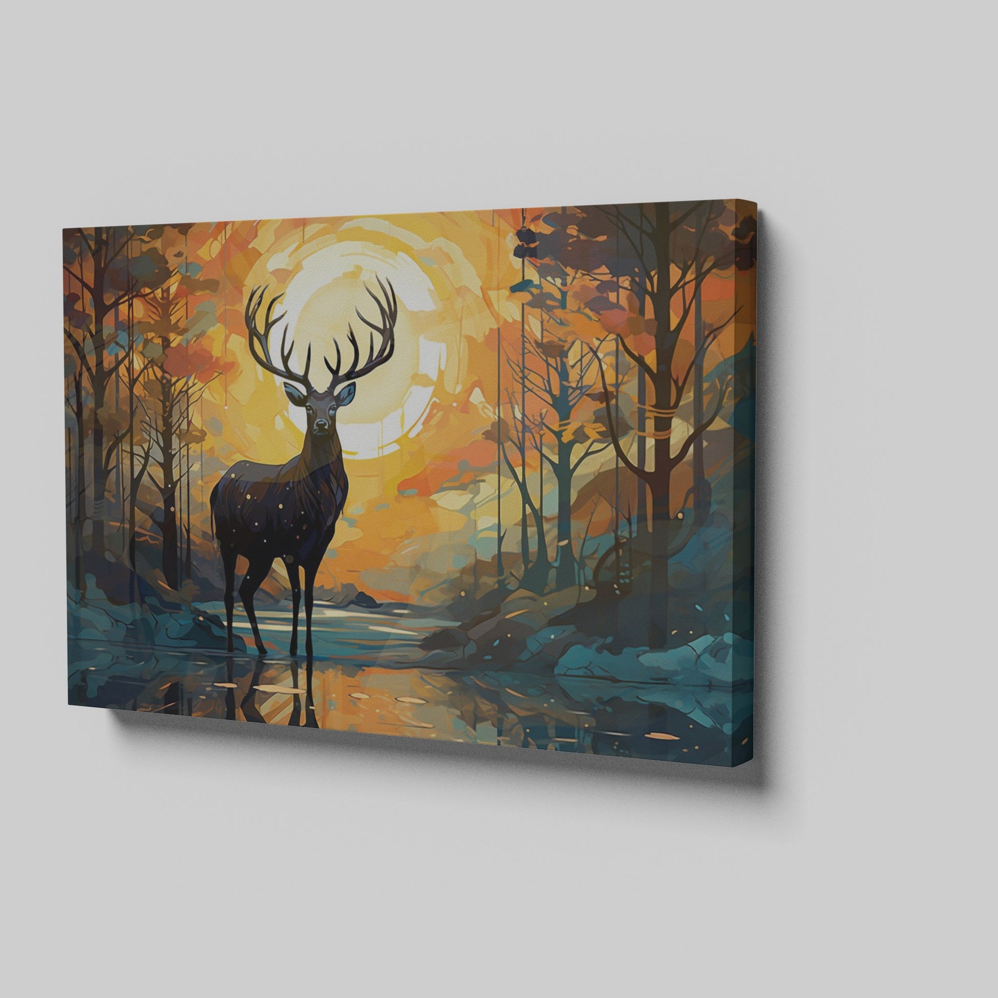 Abstract canvas art of a deer in a sunset forest scene with vibrant orange and blue colors.