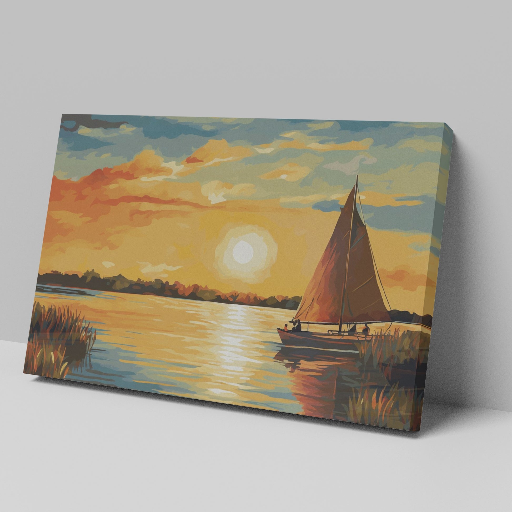 Vibrant sunset over water with a silhouette of a sailboat and reflective sunlight on the ocean