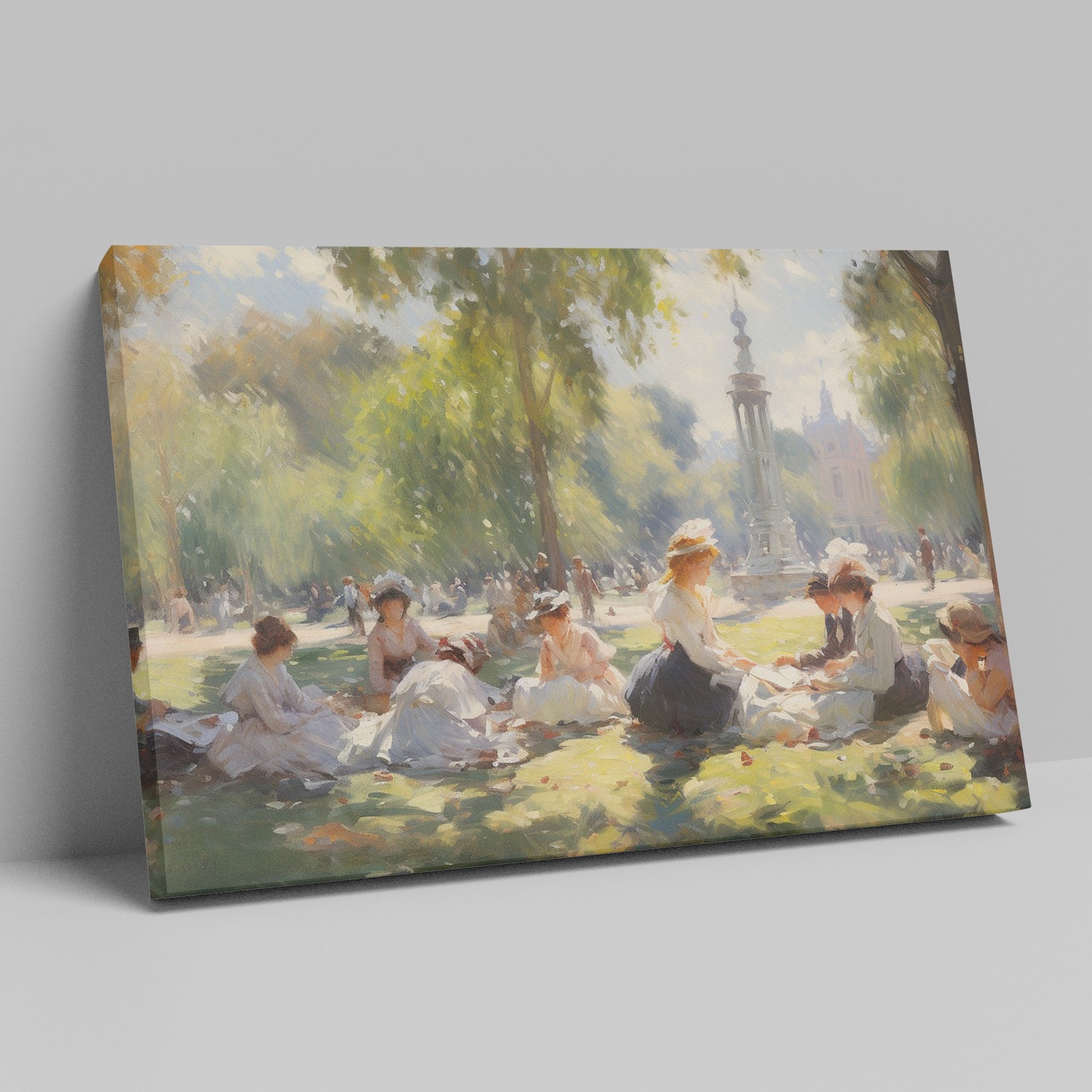 Framed canvas print of a Victorian picnic in a sunlit park with ladies in period attire