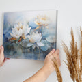 Framed canvas print of ethereal blue and white watercolour lotus flowers with a tranquil vibe