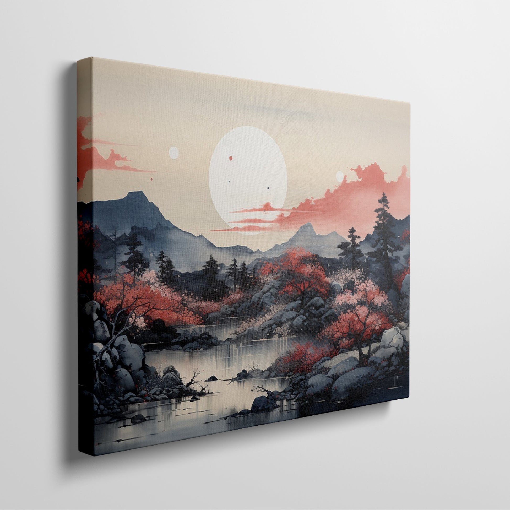 Framed canvas print of oriental autumn landscape with red sakura trees and mountain view