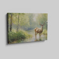 Framed canvas print depicting an impressionistic scene of a deer in a lush green forest with sunlight filtering through