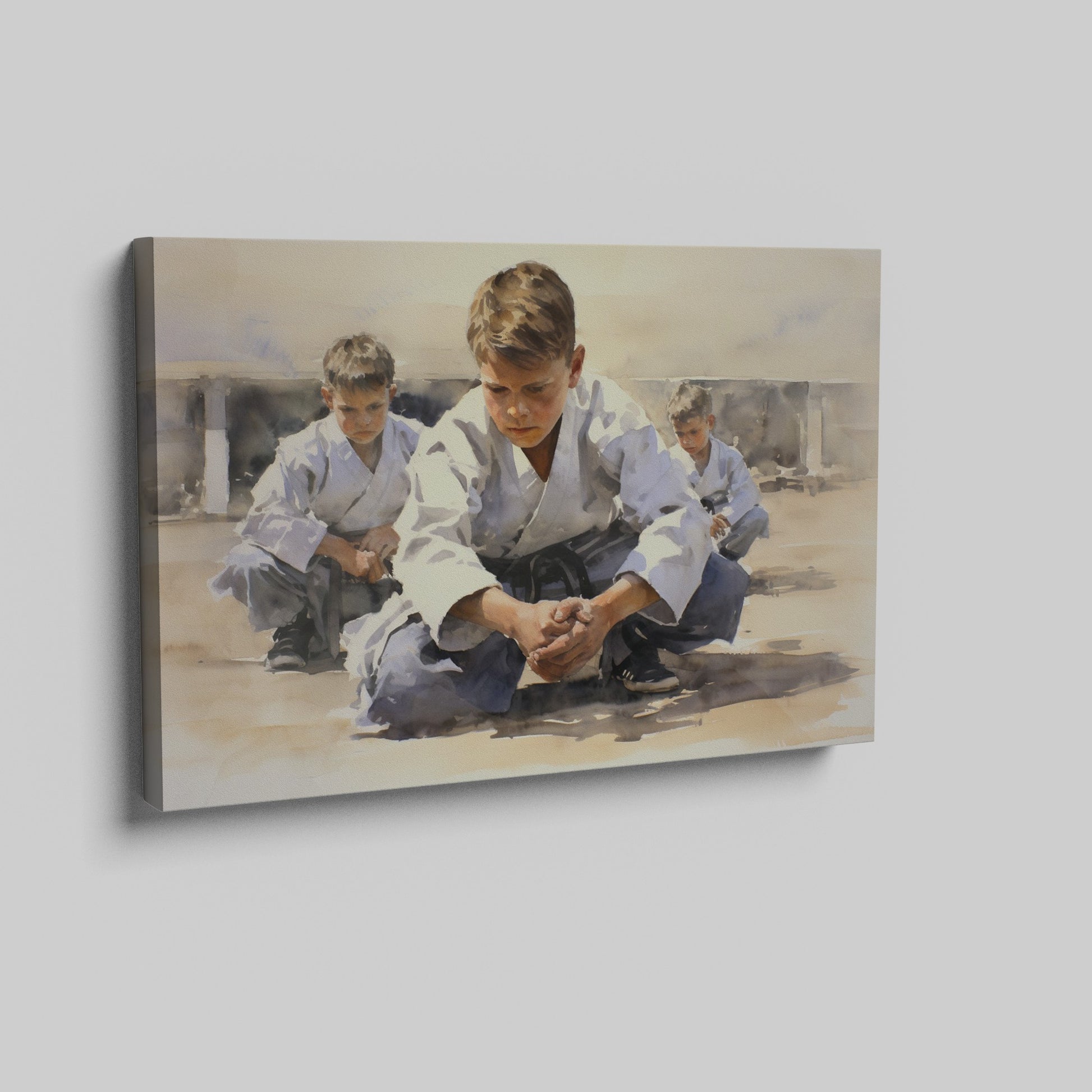 Framed canvas print of young karate students practicing in a dojo setting with warm neutral tones