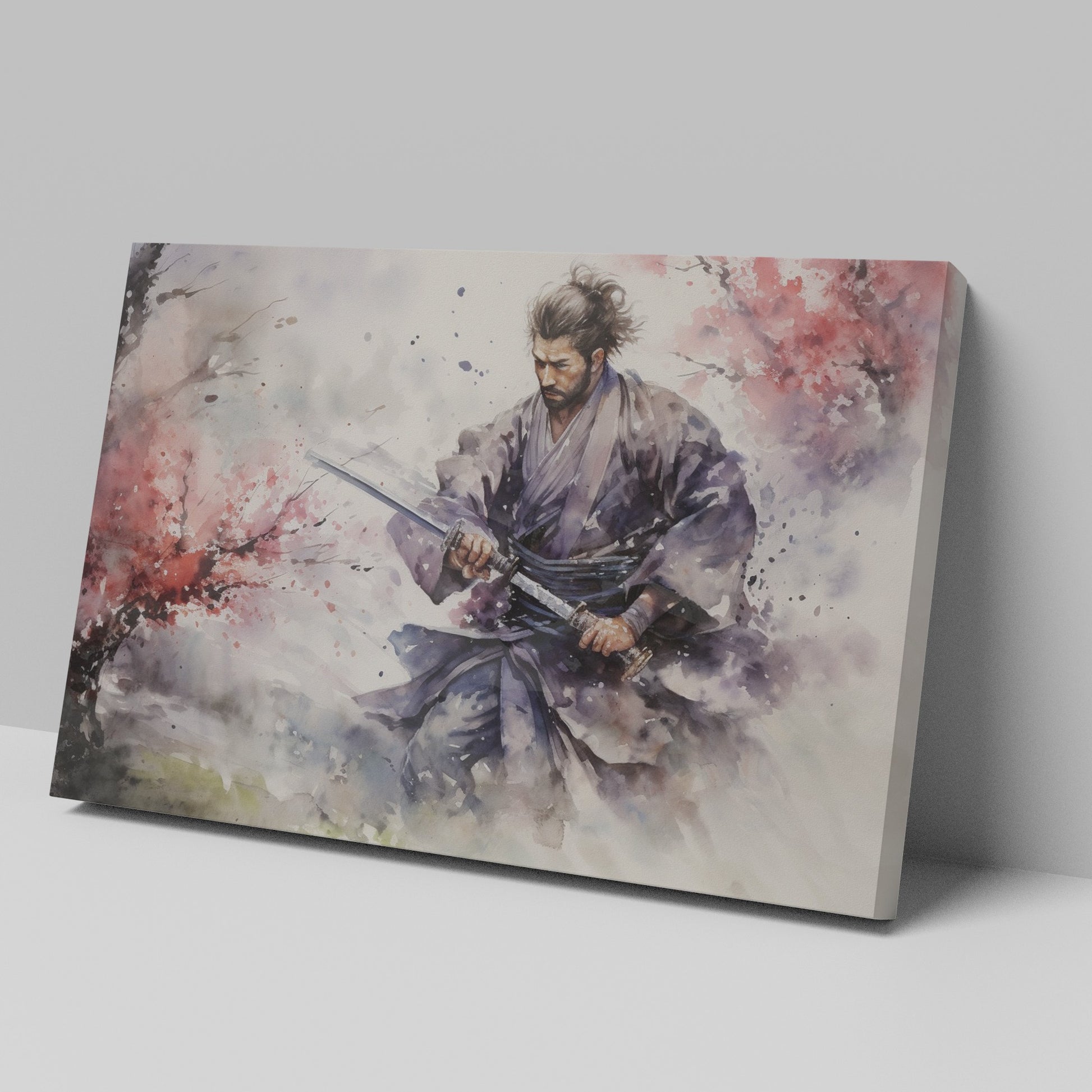 Framed canvas print of a samurai warrior in watercolour, with dynamic ink splatters in vivid hues.