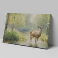 Framed canvas print depicting an impressionistic scene of a deer in a lush green forest with sunlight filtering through