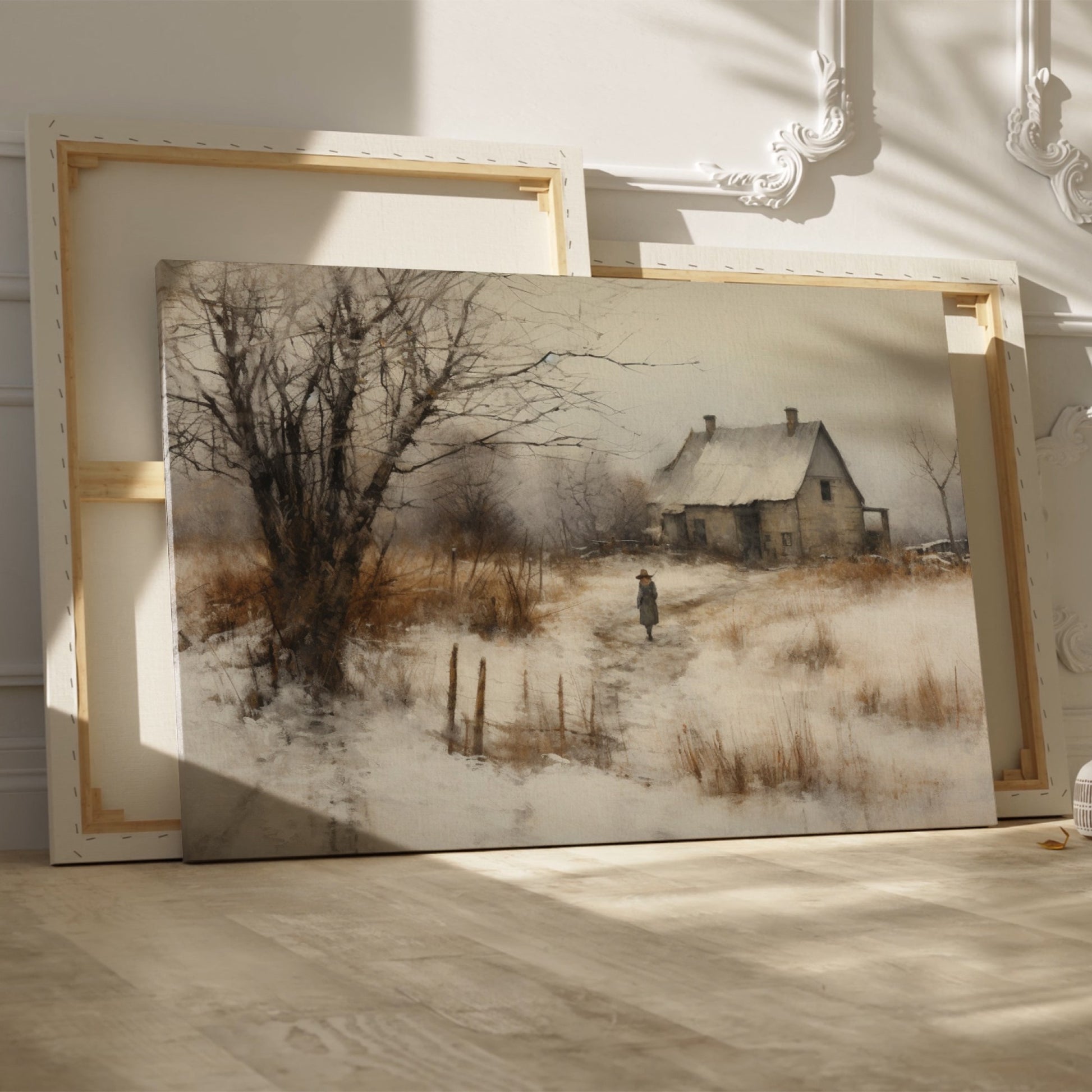 Framed canvas print of a rustic winter scene with a country home and an individual walking by