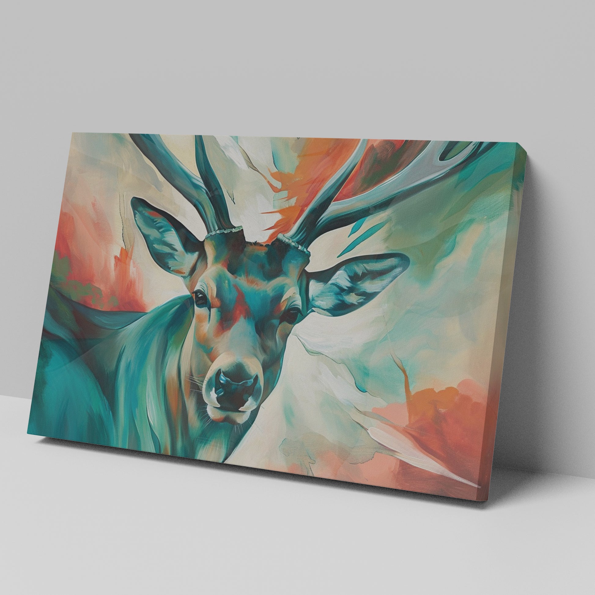 Framed canvas print of a colourful, impressionist painting of a stag with vibrant splashes of red, blue, and green