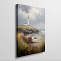 Framed canvas print of an Impressionist painting depicting a lighthouse on a seaside cliff with vivid wildflowers