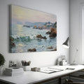 Framed canvas print of a coastal sunset impressionist painting with soft pastel colours and textured ocean waves