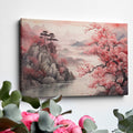 Framed canvas print of Oriental landscape with cherry blossoms and misty mountains