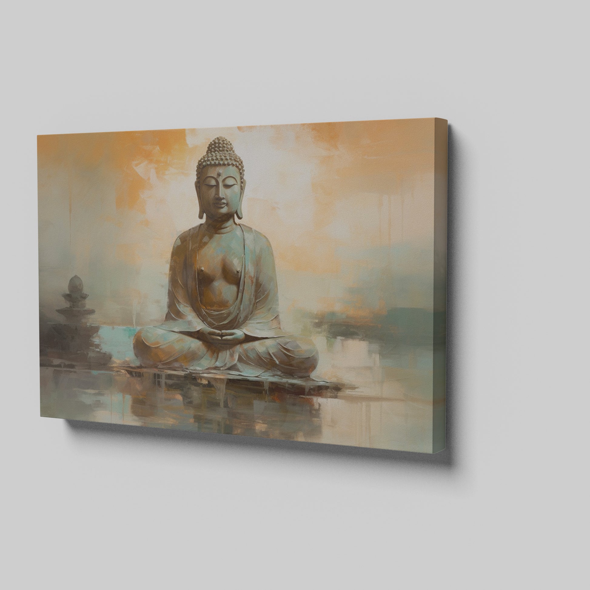 Framed canvas print of serene Buddha in meditation with warm earth tones and tranquil setting