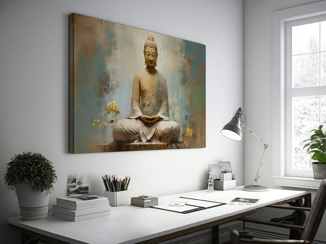 Framed canvas print of a serene Buddha meditating with warm earth tones and blue accents