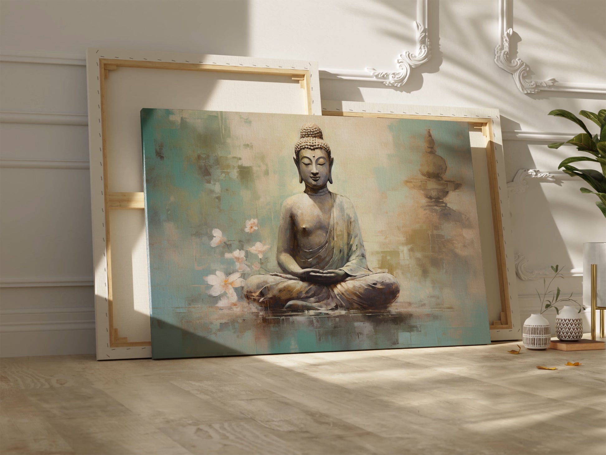 Framed canvas print of serene Buddha in meditation with pastel colours and cherry blossoms