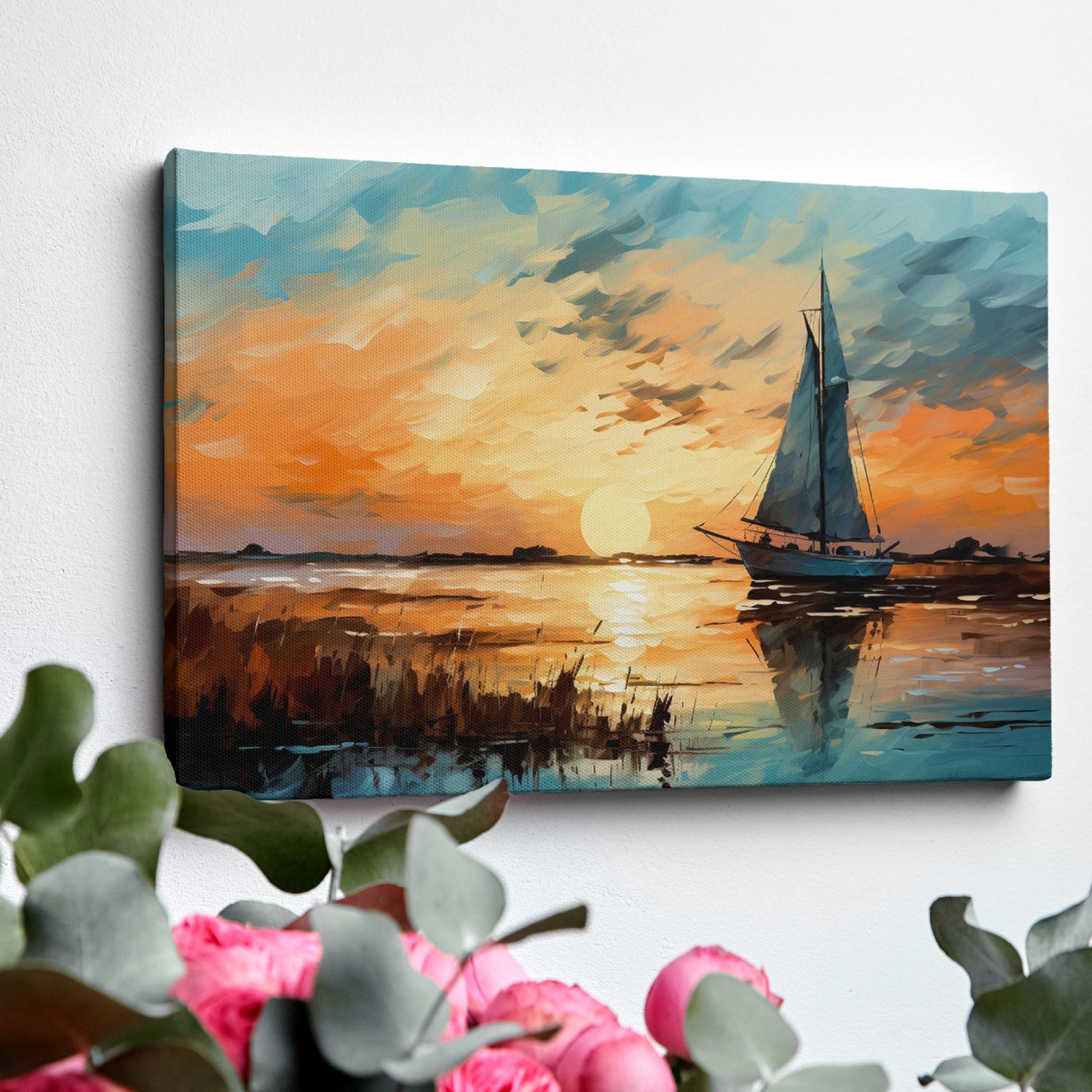 Framed canvas print of an impressionist painting depicting a sailboat at sunset with vibrant oranges and blues