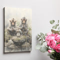 Framed canvas print of two realistic macaques with serene expressions sitting by a water pot