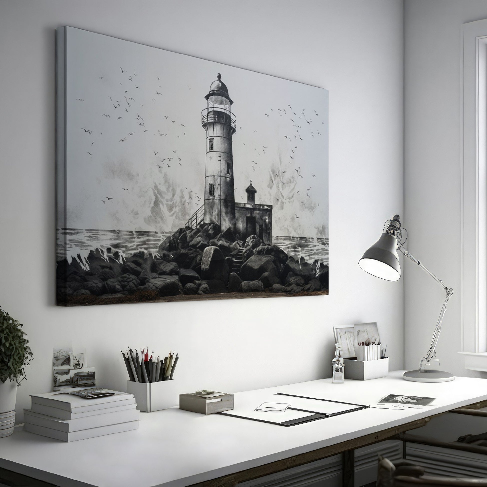 Framed canvas print of a monochrome lighthouse and seagulls on a rocky coastline