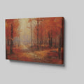 Framed canvas print of an impressionist autumn forest with vibrant red and orange leaves and a misty pathway