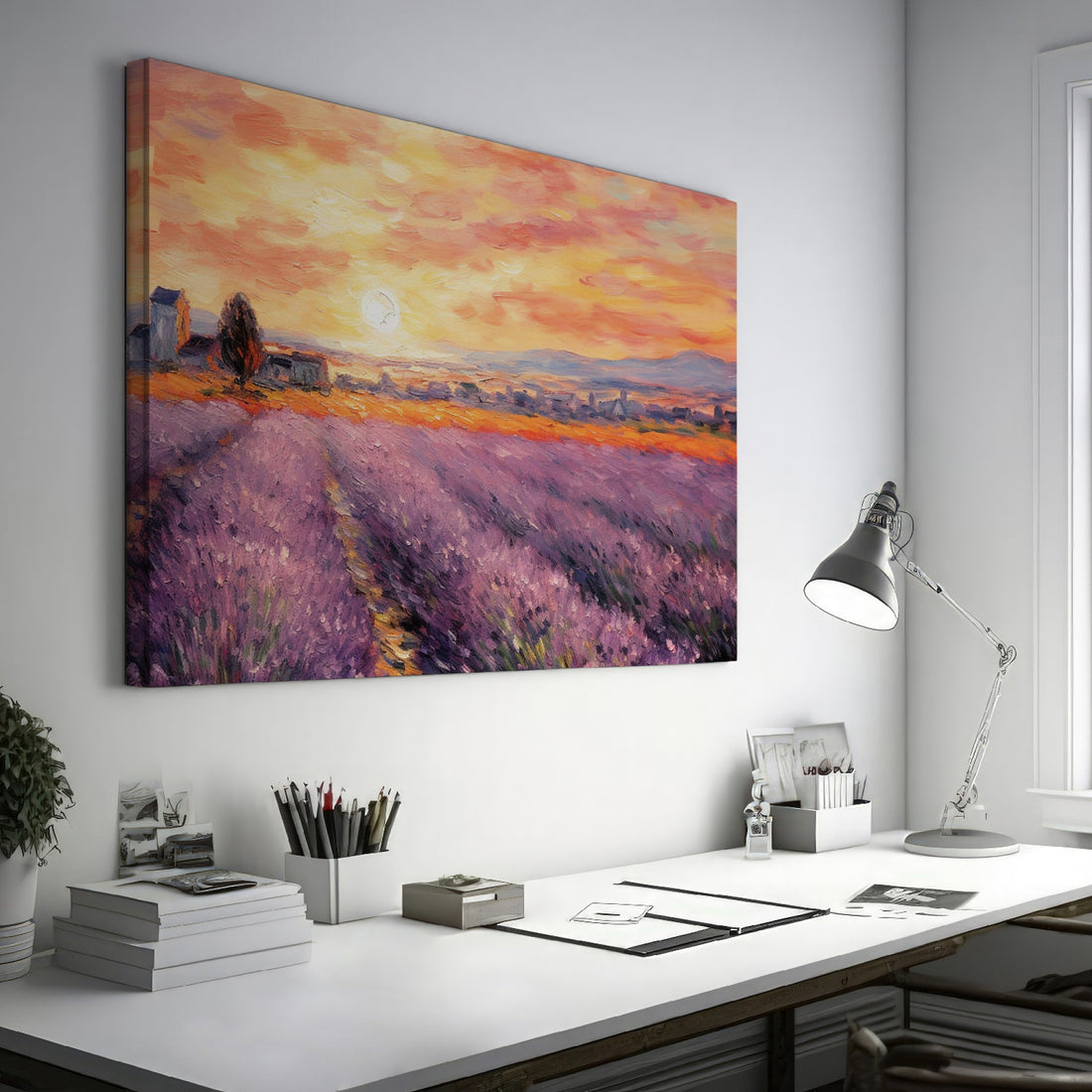 Framed canvas print of Impressionist-style lavender fields at sunset with vibrant sky and warm tones