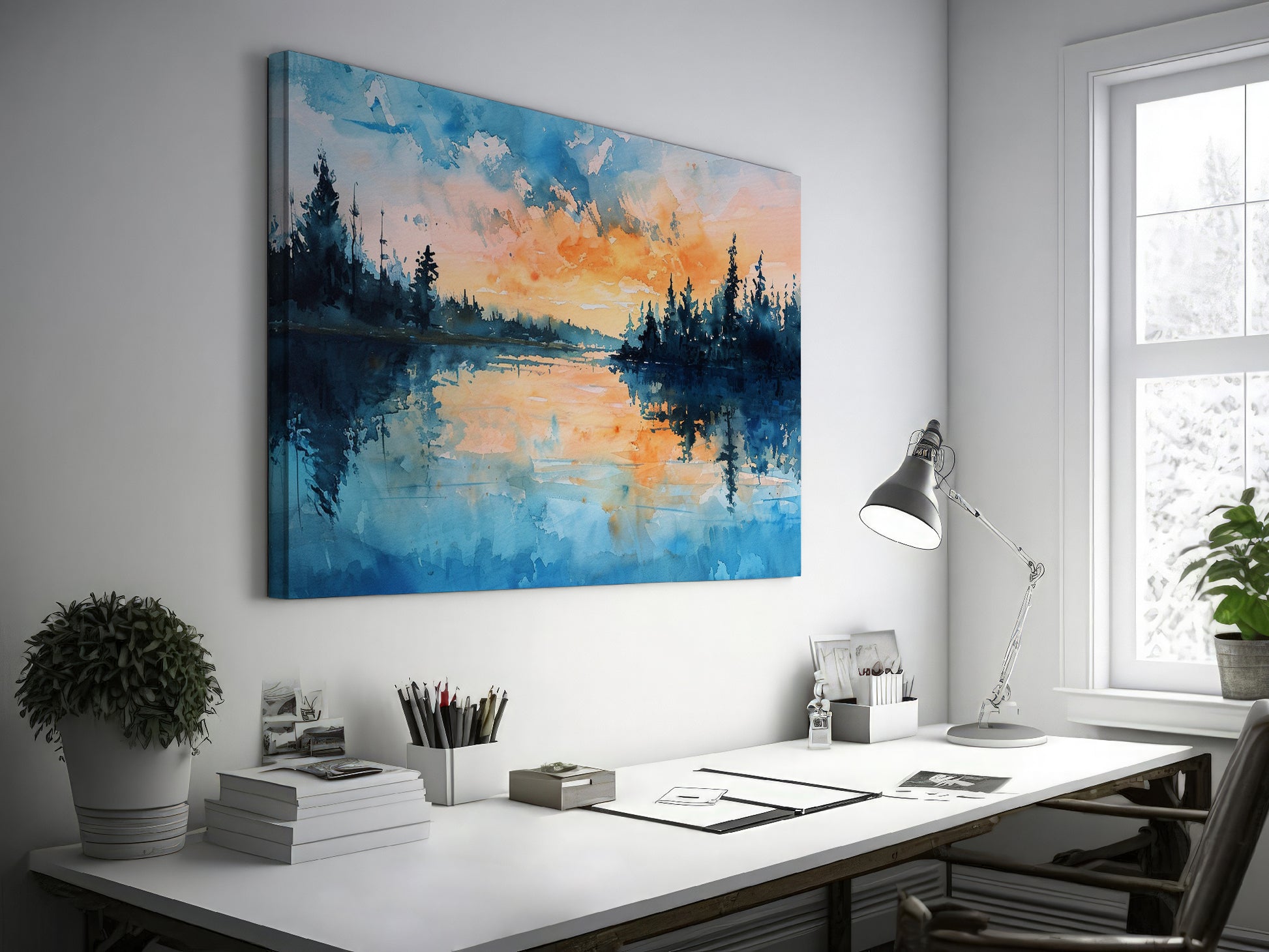 Framed canvas print of a watercolour painting with sunset over a lake and forest silhouette