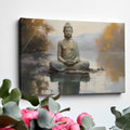 Framed canvas print of a serene Buddha in meditation with a reflective water landscape and autumnal trees