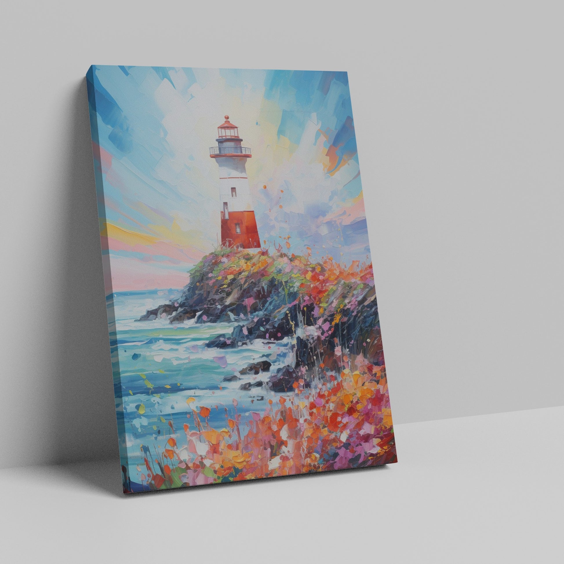 Framed canvas print of a vibrant impressionist seascape with a lighthouse at sunset