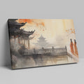 Framed canvas print of traditional Chinese ink wash painting with figures in orange robes and pagodas