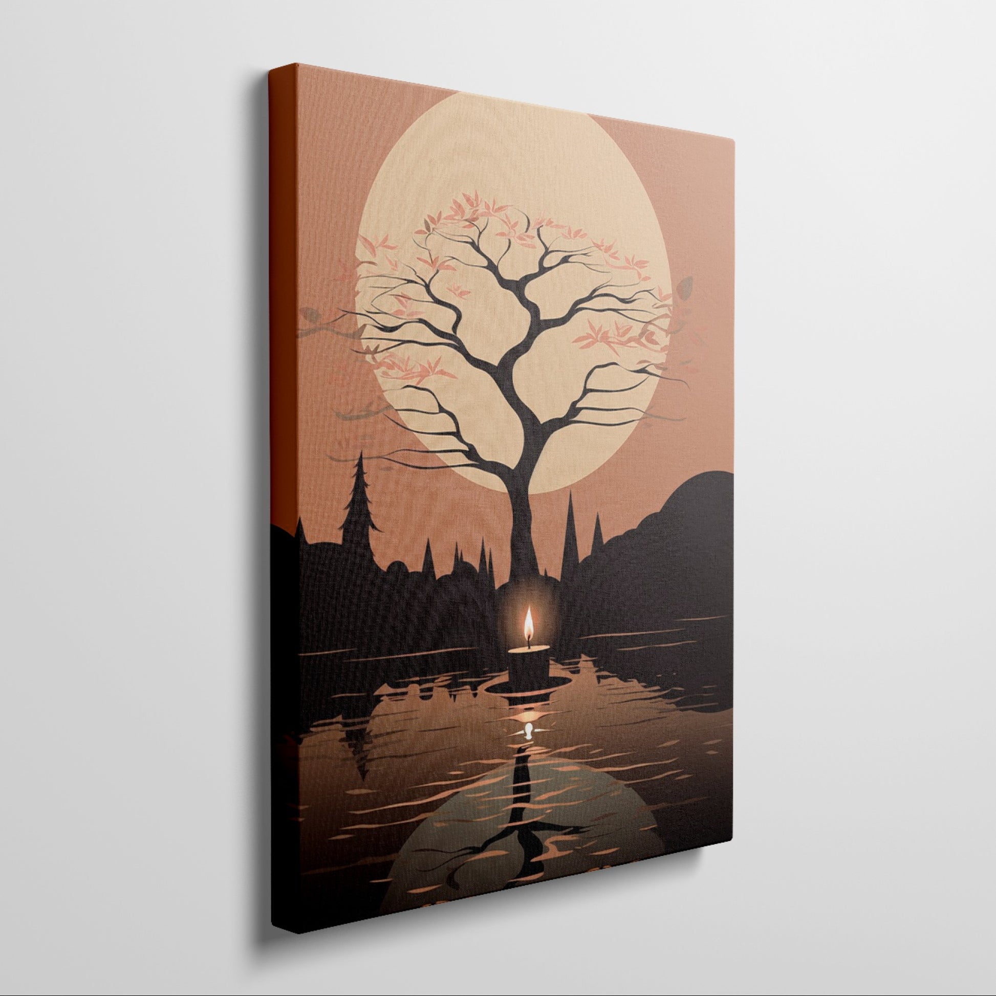 Framed canvas print of a silhouetted tree and candle with golden autumnal hues