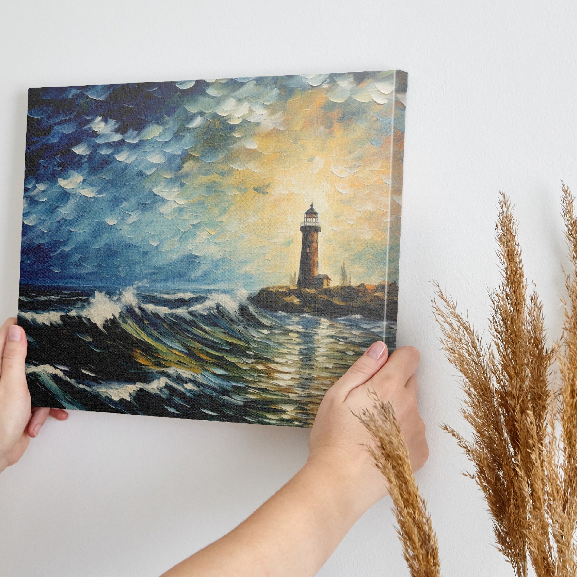 Framed canvas print of an impressionist lighthouse seascape at sunset with textured waves and a vivid sky