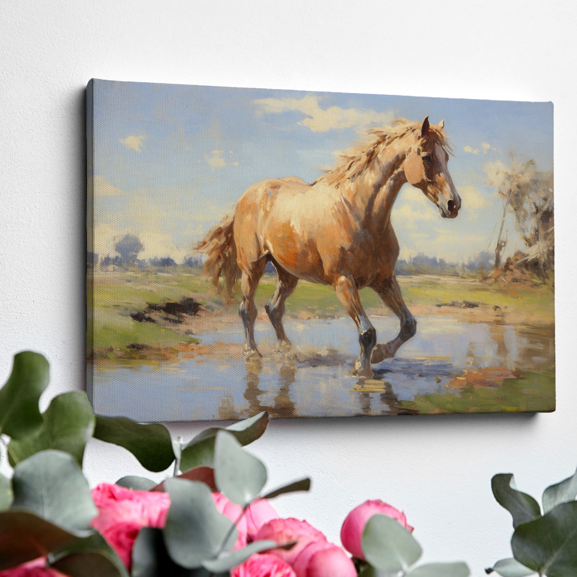 Framed canvas print of a vibrant horse wading in water with sunlit pasture and reflection