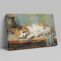 Framed canvas print of a peaceful sleeping cat in warm tones with painterly strokes