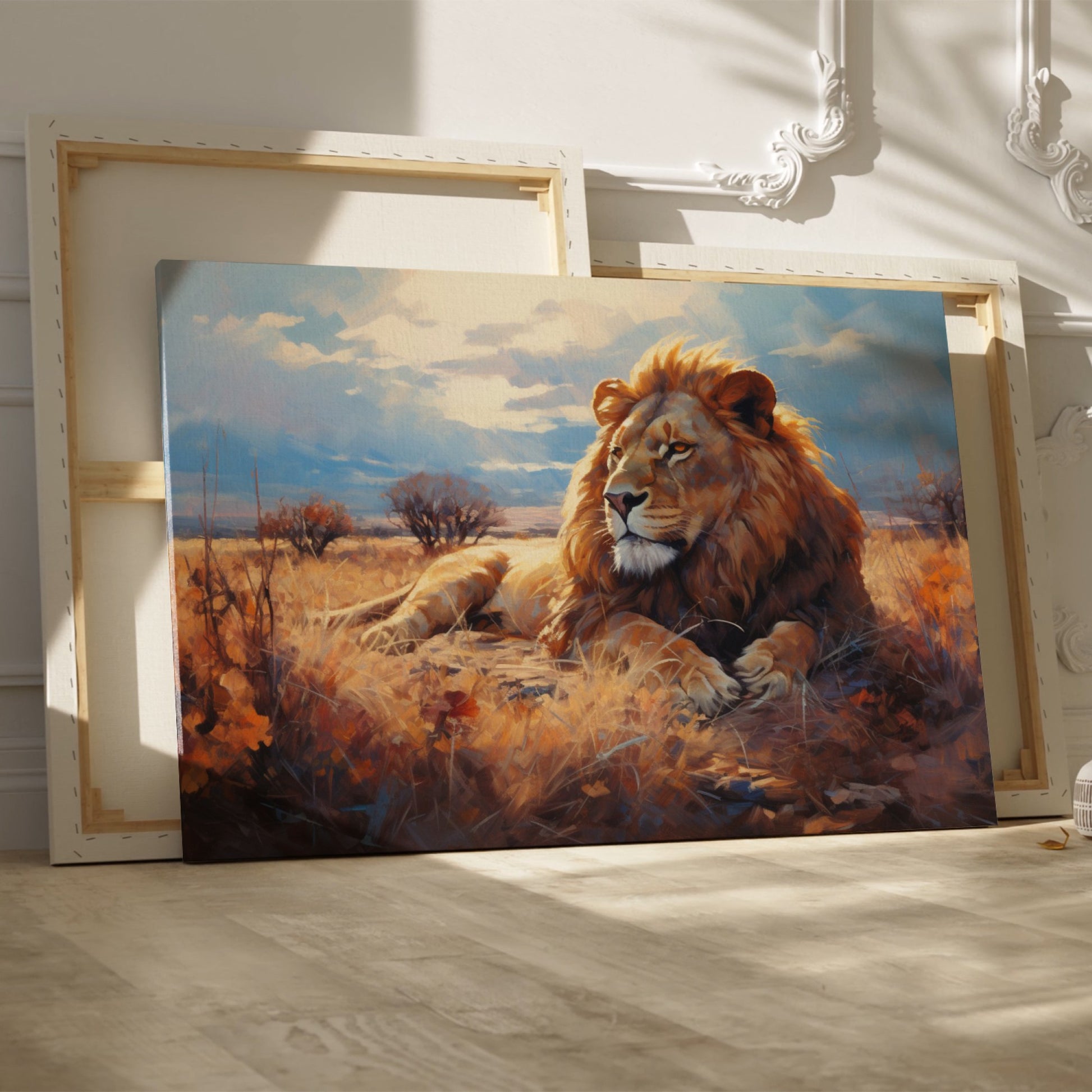 Framed canvas print of a majestic lion basking in the golden light of the African savannah